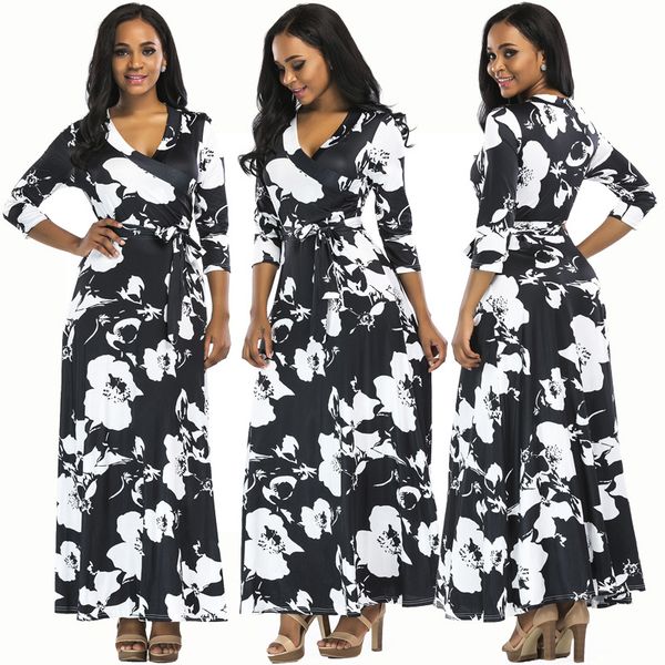 

2019 spring women's plus size print long dress 3/4sleeve v-neck fashion dress black bohemia maxi dress  l xl 2xl 3xl, Black;gray