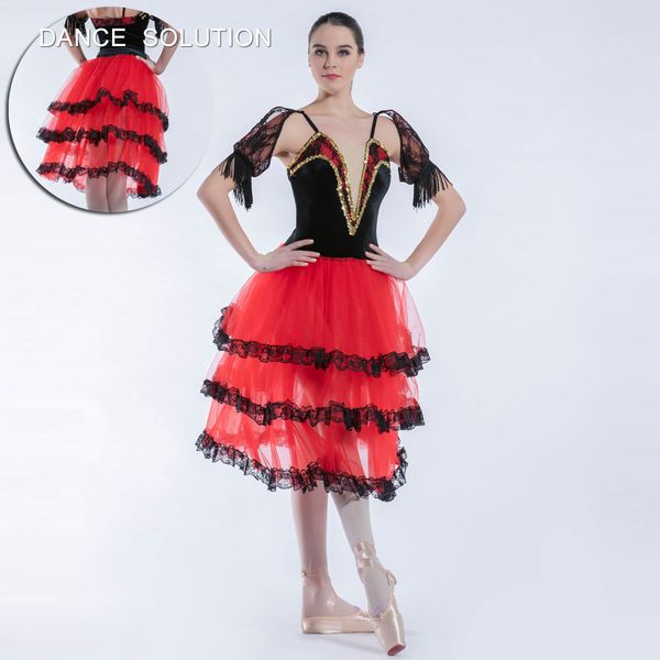 

spanish romantic ballet tutu with black velvet bodice and tulle skirt women & girl stage dance costumes practice dancewear 19023, Black;red