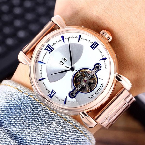 

brand big dial luxury men watches mechanical tourbillon automatic movement rose gold watch auto date stainless steel strap wristwatch, Slivery;brown