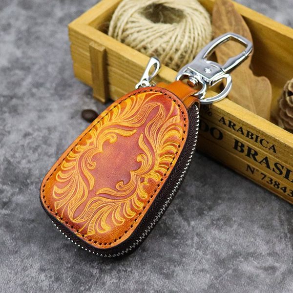 

men women head layer cowhide car key holders genuine leather embossed car key case multifunctional home keychain wallet simple