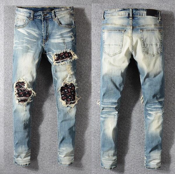 

Men jean amiri brand jean men ca ual hole hort wa hed old patch pant embroidery denim pant feet pant men brand pan