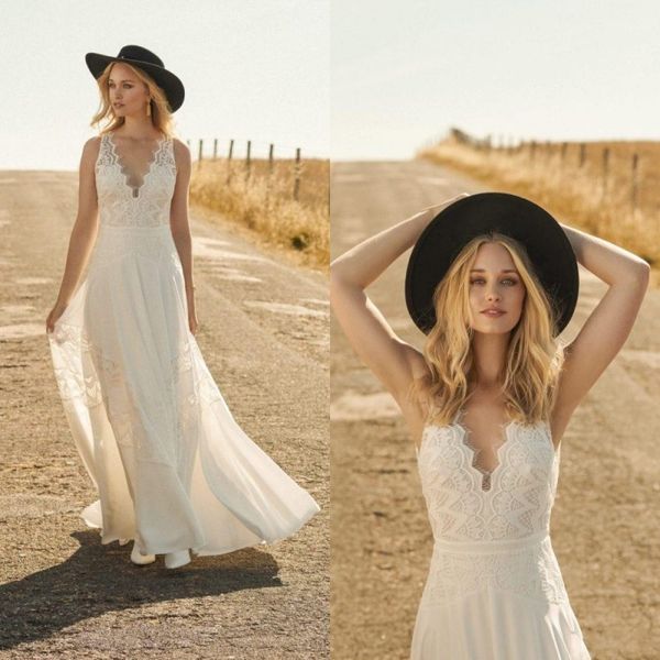

2020 country style boho v neck sleeveless wedding dresses lace applique wedding gowns floor length robe de mariée