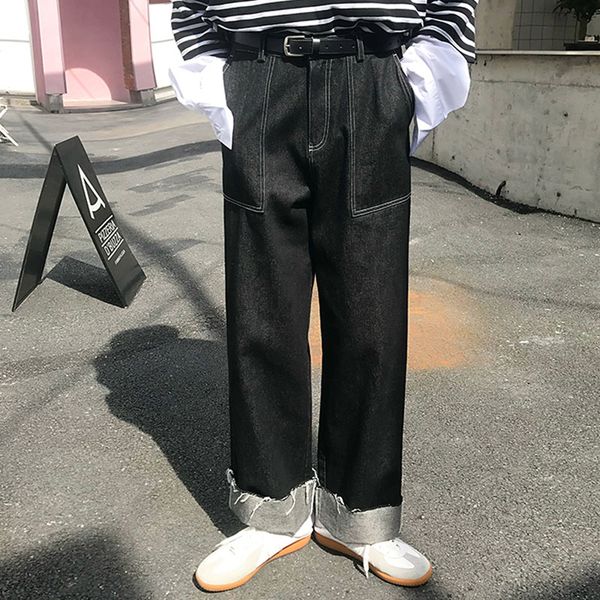 

men loose casual cuffs wide leg jeans male women vintage streetwear hip hop denim pants straight cowboy trouser, Blue