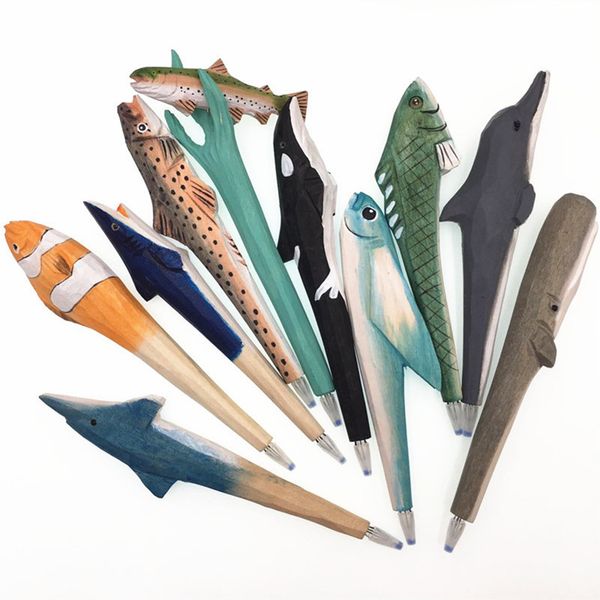 

multiple shapes 3d animals fish hand-carved creative wood carved ballpoint pen writing tool stationery school student gifts, Blue;orange