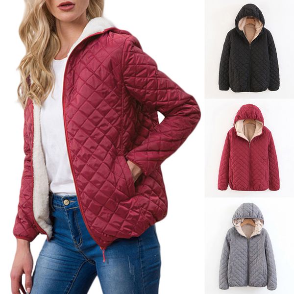 

new winter women running jackets 2019 thick warm velvet lamb fleece hooded jumper hoody jacket coat slim outwear coat for female, Black;red