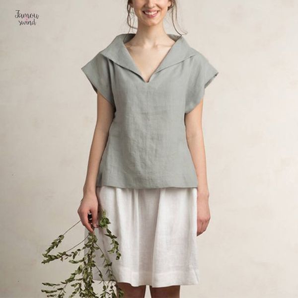 

vintage women blouses linen plus size 2019 shirts v neck short sleeve summer casual loose female blusas femininas, White