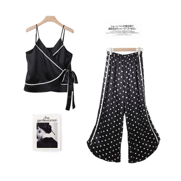 

feier bandage sling vest 2 piece pajamas set women summer sleeveless home wear pijamas women lingerie with loose pants, Black;red