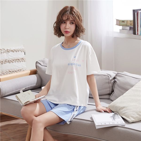 

summer pajamas women cotton short sleeve contracted, Blue;gray