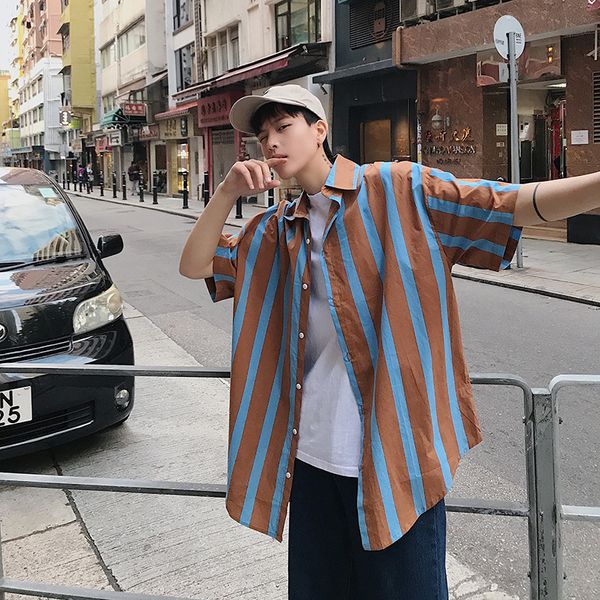 

summer new dress shirt men fashion striped casual shirt man streetwear trend wild hip hop loose short-sleeved male clothes, White;black