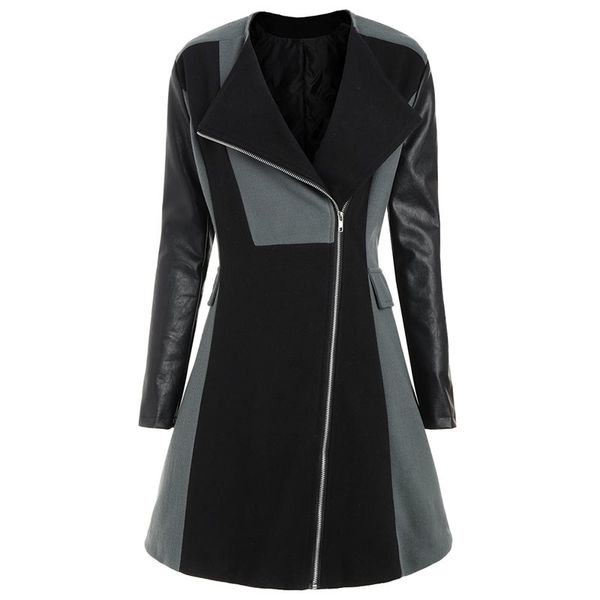 

woolen trench coat women autumn gray plus size 5xl street casual windbreaker goth pu leather sleeve ladies winter long overcoat, Tan;black
