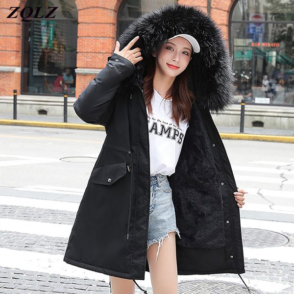 

zqlz winter jacket women wool liner cotton padded long jackets outwear plus size slinm fur collar hooded parka coat female, Black
