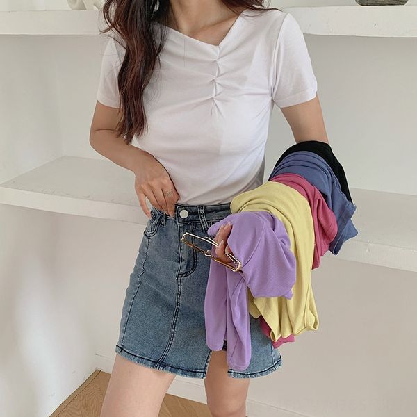 

with enjun] a561ins -colored short-sleeved t-shirt t-shirt candy candy women's elastic slim and careful design top, White