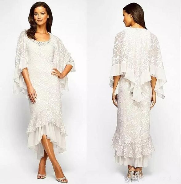 Modest Alta Baixa Lace Sereia Mãe dos Vestidos de Noiva com Jaqueta de Festa de Casamento Noite Vestidos da Mãe