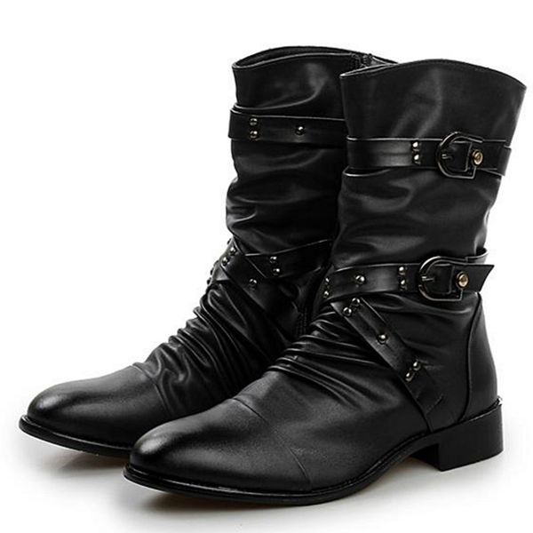 

men motorcycle boots vintage combat boot winter fur new cow split leather waterproof buckle military boots men shoes, Black