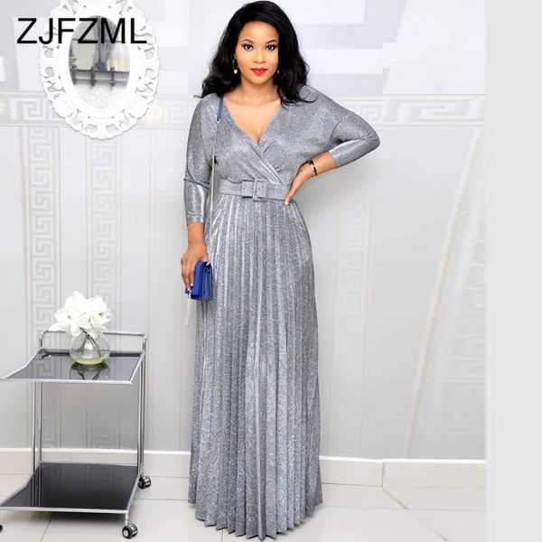 

colorful bronzing elegant pleated dress women shiny deepv neck long sleeve floor-length dress vintage high waist sash maxi, Black;gray