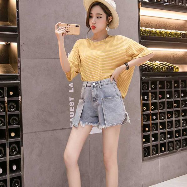

2020 summer woman high waist pockets mini short loose solid streetwear female tassel denim shorts, White;black