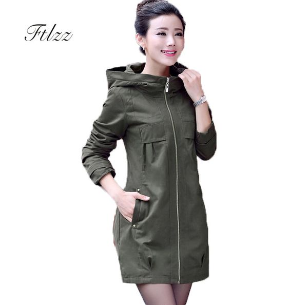 

medium long plus size 4xl trench coat women new 2019 spring autumn hooded zipper loose korean style windbreaker green outerwear, Tan;black