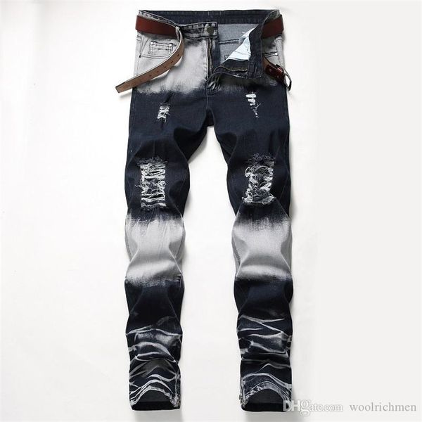 

distrressed blue white holes stretch mens long jeans regular mid waist straight mens pants fashion male apparel
