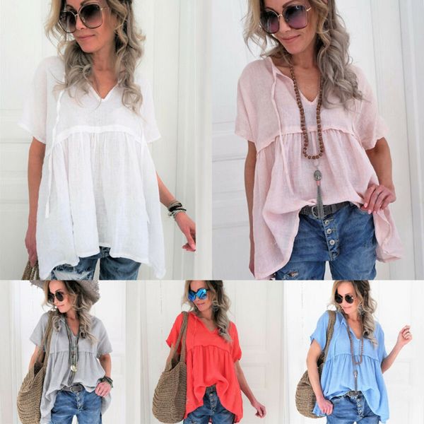 

women summer casual short sleeve v neck t-shirt tee beach boho loose blouse, White