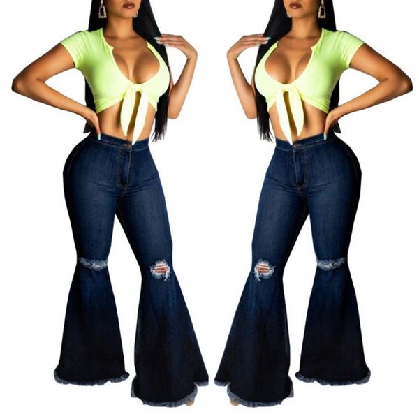 

stylish women slim flare pants wide leg hole jeans pant denim office lady casual long trousers wild bellbottoms high waist, Blue