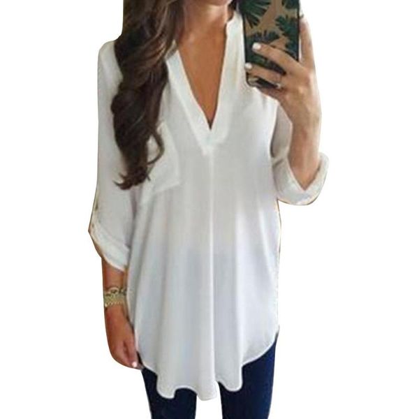 

fashion plus size women blouse solid color v neck long sleeve loose casual irregular shirt blouse for women's clothings, White