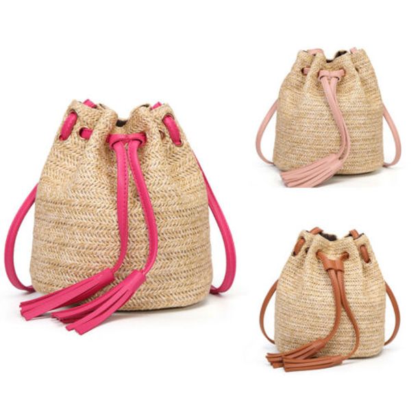 

women straw bucket bag woven drawstring shoulder bag tassel mini cross body