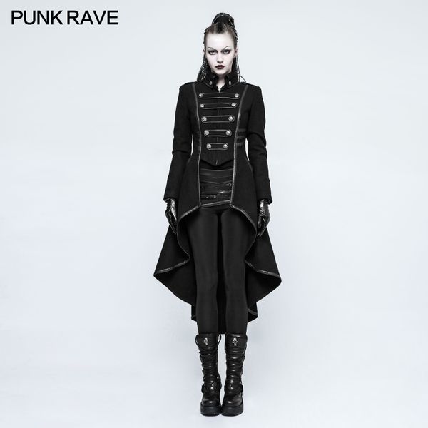 

punkrave women punk uniform high collar woolen jacket coat plus size black motorcycle casual ladies outwear trench coat