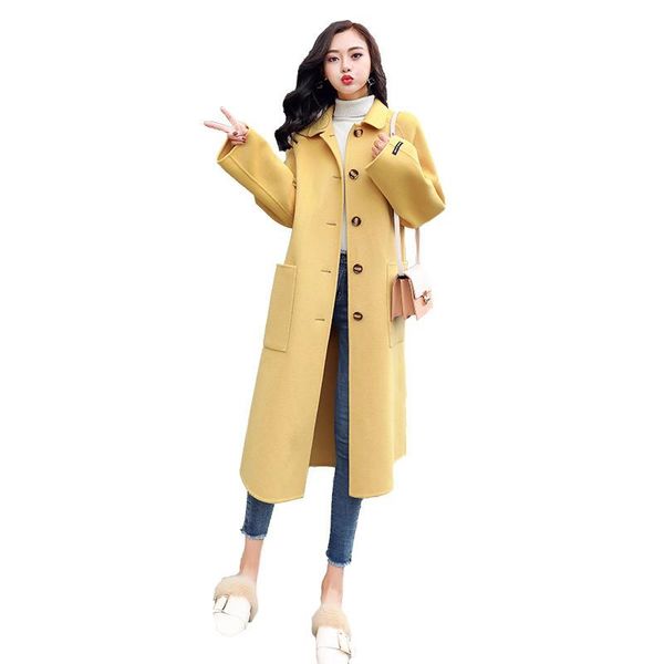 

women 2019 spring autumn elegant long woolen coats female loose casual wool blends overcoats ladies solid warm wool outwear v732, Black