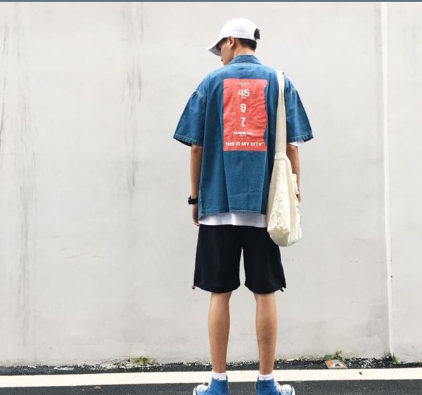 

японская уличная джинсовая рубашка мужская печатная рубашка harajuku с коротким рукавом летние синие джинсы корейский стиль блузка одежда, White;black