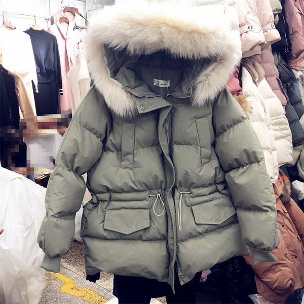 

2018 2019 korean version of the loose waist hooded large fur collar cotton women's bread padded clothes thick winter new s-lx, Black