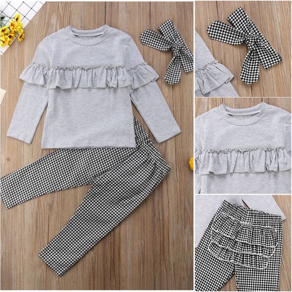 

2020 new autumn baby girls clothes set toddler kids ruffle plaid +pants leggings+headbands 3pcs princess children outfits, White