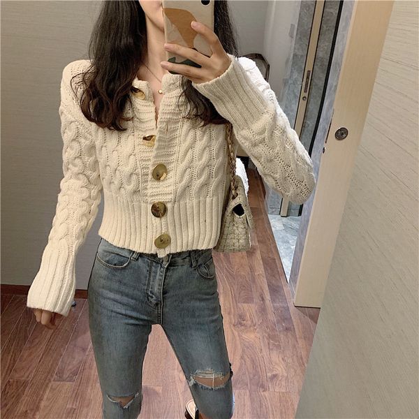 

привет девочка весна сыпучие twist открыть стежка женщины однобортный вязаная crop top тонкий короткие свитера кардигана женский, White