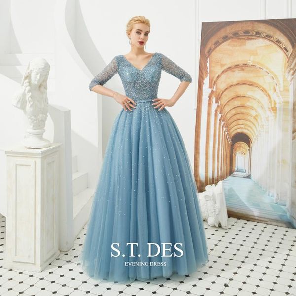 

2020 s.t.des elegant blue crystal sequins beaded tulle v-neck 1/2 long sleeves ball gown illusion floor-length evening dress, White;black