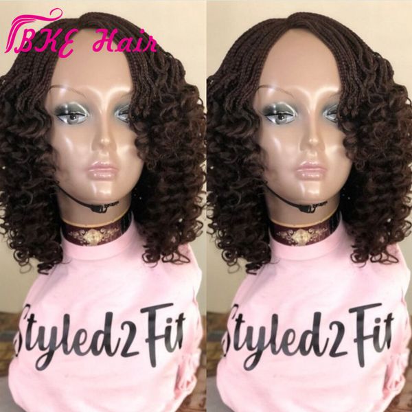 

handmade africa braided style short curly wig black/brown /blonde /burgundy red box braid braided lace front wig with curly end for women
