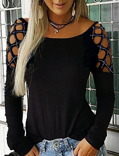 

womens hollow out tshirt rhinestone designer autumn spring casual womens hollow long sleeve loose tshirt, White