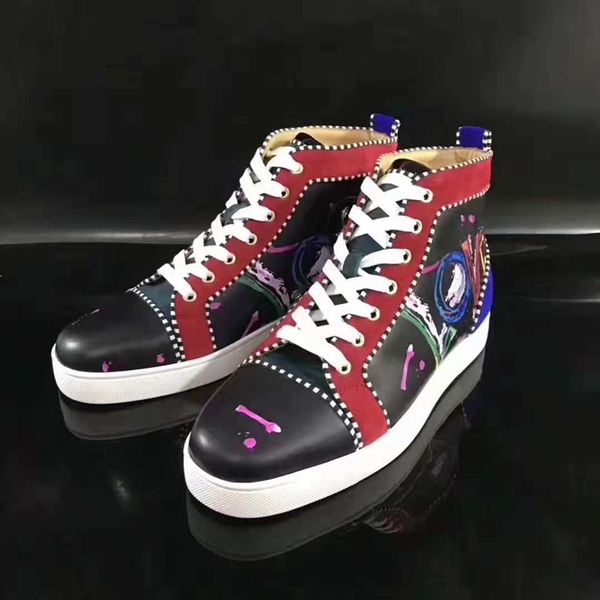 

Fa hion de igner brand graffiti pattern pike flat hoe red bottom hoe for men and women party lover genuine leather neaker