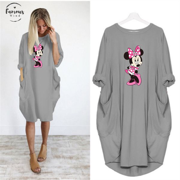 

spring dress women cartoon printed pocket loose dresses vintage fall maxi crew neck nightdress party casual mujer plus size dress, Black;gray