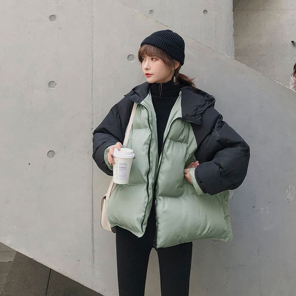 

loose women 2018 winter korea fashion new fulls leeve pocket coat femlae patchwork turn-down collar casual parka kf5602, Black