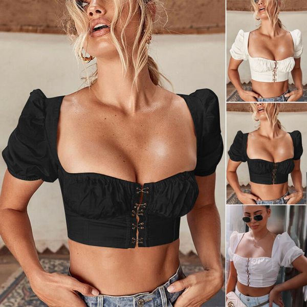

women fashion summer casual square collar bodysuit tank vest short sleeve crop, White