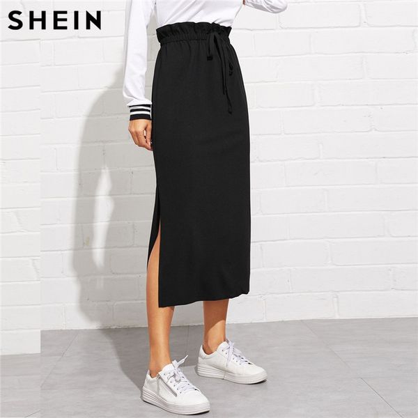 

shein black paperbag waist split side skirt autumn casual workwear women maxi skirt high waist belted split hem midi skirt