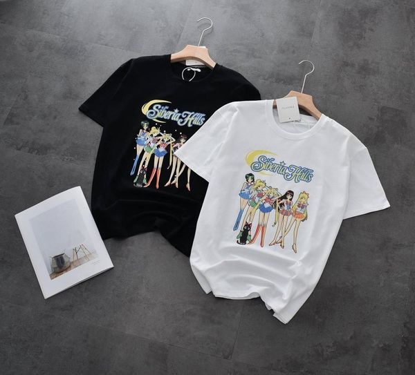 

женская футболка с коротким рукавом хлопок повседневная футболка с коротким рукавом классический сейлор мун мультфильм печати короткий рукав, White