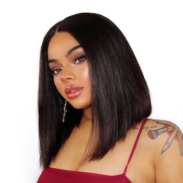 

short lace front human hair wigs peruvian remy hair bob wig with pre plucked hairline with baby hair ing, Black
