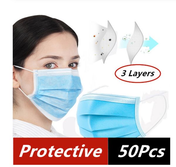 

50pcs/bag 3 layer non-woven dust mask disposable mouth mask soft cotton breathable disposable elastic mouth maternity face mask dhl shipping