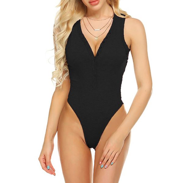 

solid bodysuit jumpsuit women sleeveless button bodycon v neck party club bodysuit femme summer clothing, Black;white