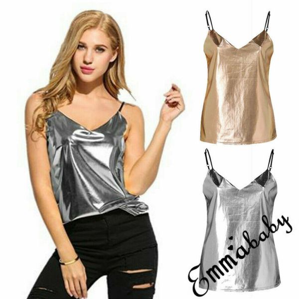 

женщины золото твердые v-образным вырезом топ сексуальная металлик лето блесток bling блестящий жилет мода камзол без рукавов майка футболка, White