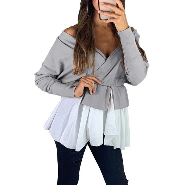 

878 v-neck crop loose strapless casual solid color, White