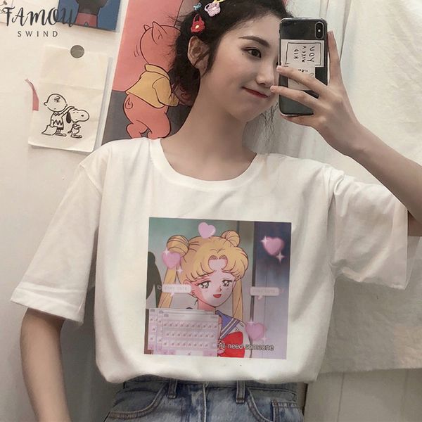 

lychee japanese anime cartoon sailor moon print loose short sleeved t shirt summer womens harajuku kawaii o neck print fashion shirt, White