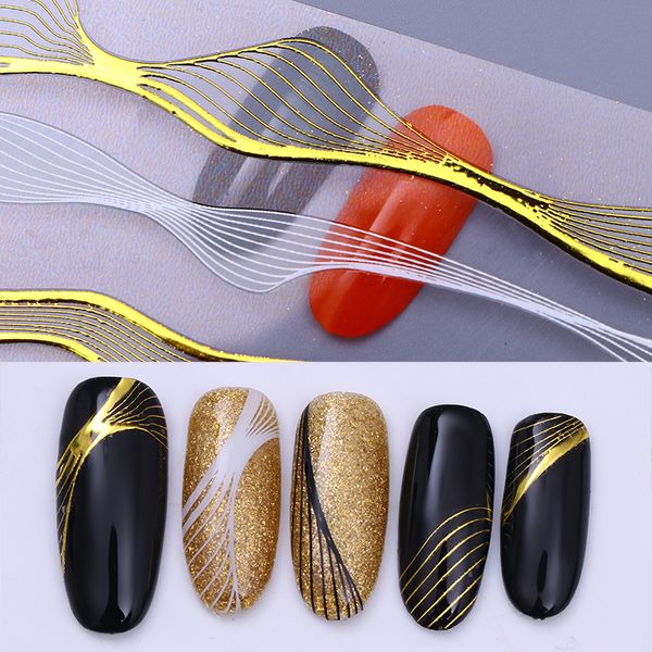 

gold metal 3d nail stickers lines multi-size wave strip nail art adhesive transfer sticker art decals water slide uv gel, Black