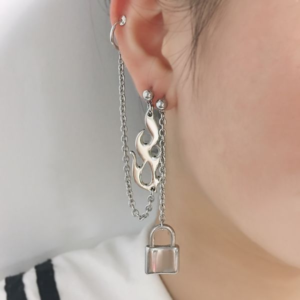 

personality hip hop lock flame harajuku earrings jewelry charm fashion street art film star same style 1 pcs earring, Silver