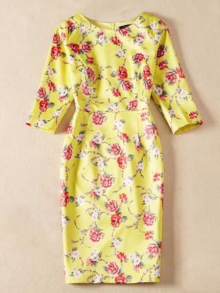 

floral flower print women sheath dress round neck mini yellow dress, White;black